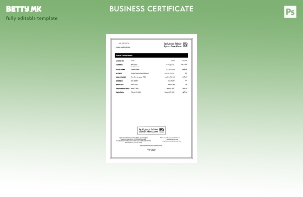 Модерен стил ОАЕ лиценца за тргување Ајман Шаблон за Word и PDF