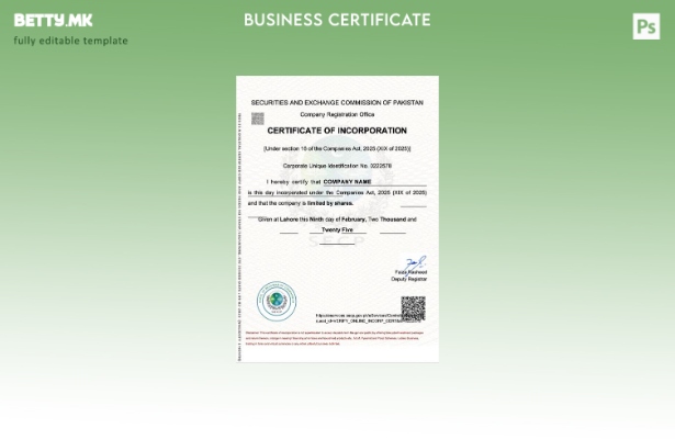Модерен стил Пакистан сертификат за инкорпорација Шаблон за Word и PDF