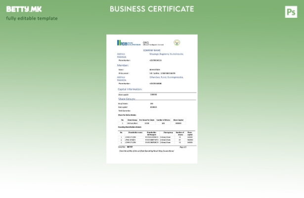 Модерен стил Руанда сертификат за регистрација Шаблон за Word и PDF