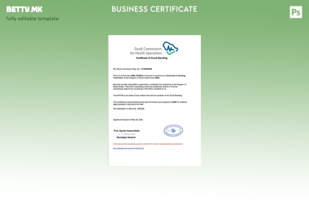 Модерен стил Саудиска Арабија сертификат за добра состојба Шаблон за Word и PDF