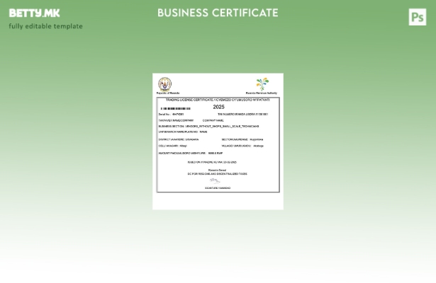 Модерен стил Сертификат за лиценца за тргување во Руанда Шаблон за Word и PDF