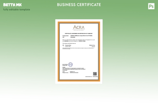 Модерен стил Сингапурски сертификат кој го потврдува инкорпорирањето на шаблонот