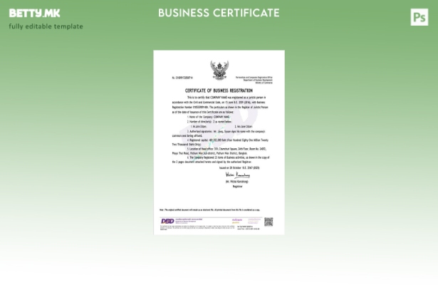 Модерен стил Тајландски сертификат за регистрација на бизнис Шаблон за Word и PD