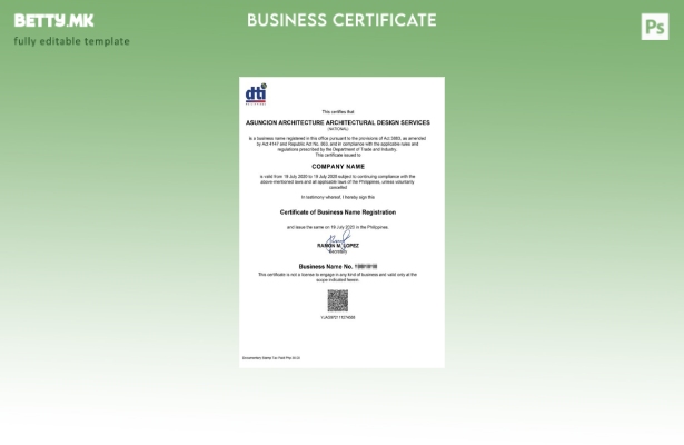 Модерен стил Филипини Шаблон за регистрација на сертификат за бизнис име