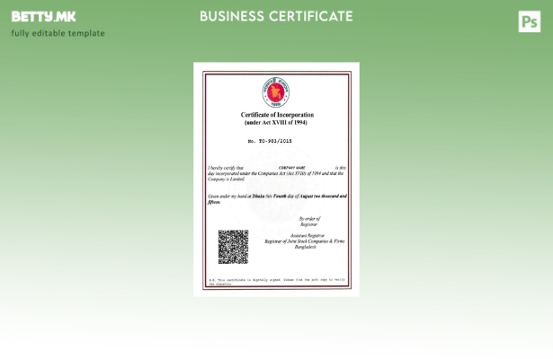 Модерен стил Шаблон за сертификат за инкорпорација во Бангладеш