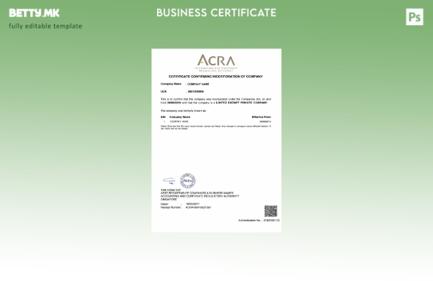 Модерен стил Шаблон за сертификат за основање во Сингапур