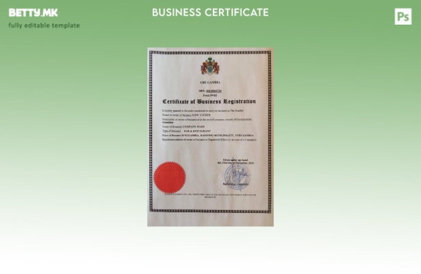 Модерен стил Шаблон за сертификат за регистрација на бизнис во Гамбија