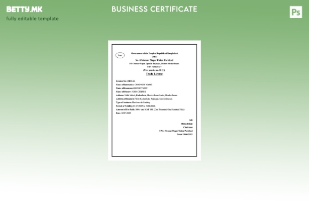 Модерен стил за трговска лиценца од Бангладеш Шаблон за Word и PDF