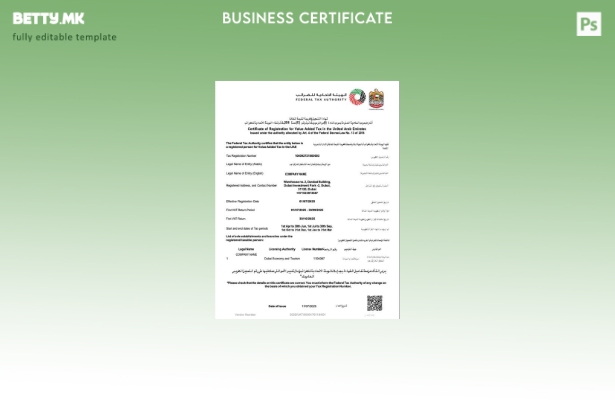 Сертификат за регистрација на Обединетите Арапски Емирати во модерен стил за шаб