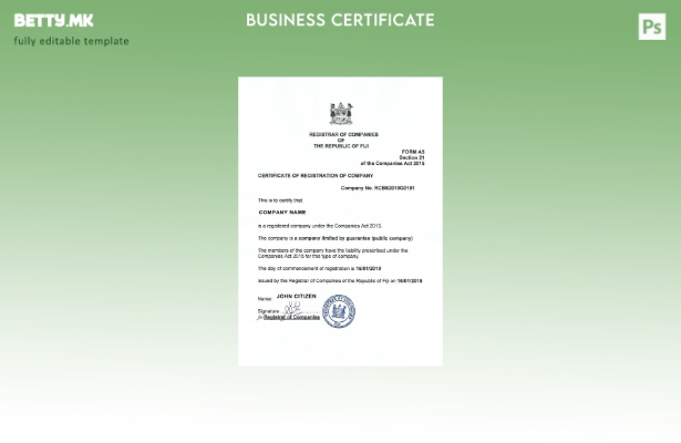 Шаблон за сертификат за регистрација во модерен стил на Фиџи