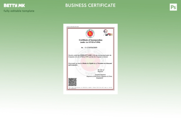 модерен стил Бангладеш сертификат за инкорпорација Шаблон Word и PDF, шаблон за