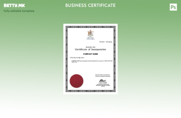 модерен стил Британска Колумбија сертификат за инкорпорација Шаблон за Word и PD