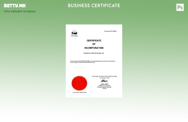 модерен стил Британска Колумбија сертификат за инкорпорација Шаблон Word и PDF,