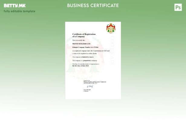 модерен стил Етиопија сертификат за регистрација Шаблон за Word и PDF