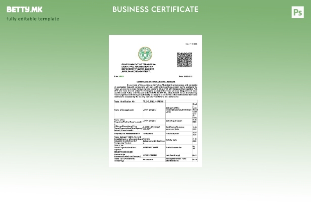 модерен стил Индија Telangana сертификат за трговска лиценца Шаблон за Word и PD