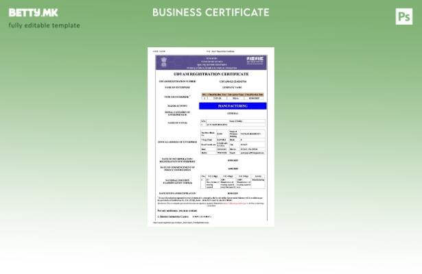 модерен стил Индија Udyam сертификат за регистрација Шаблон за Word и PDF