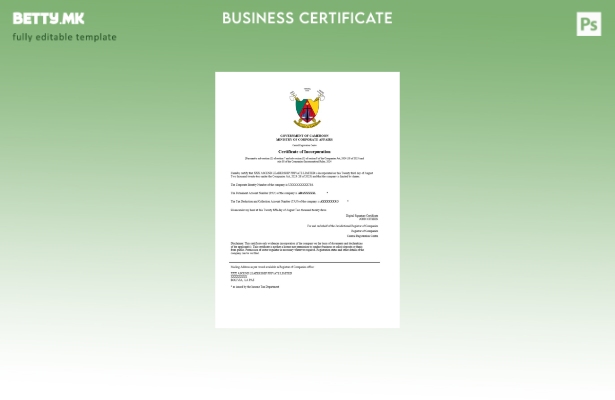 модерен стил Камерун сертификат за регистрација Шаблон за Word и PDF