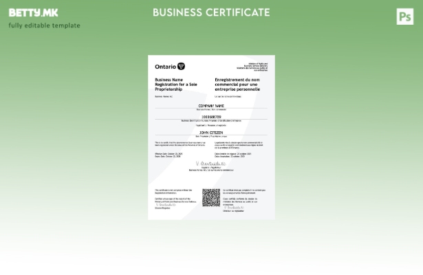 модерен стил Канада Онтарио сертификат за регистрација на бизнис име Шаблон за W