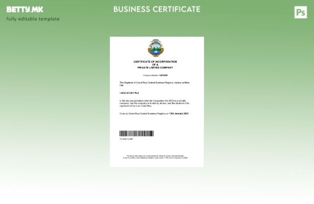 модерен стил Костарика сертификат за регистрација Шаблон за Word и PDF
