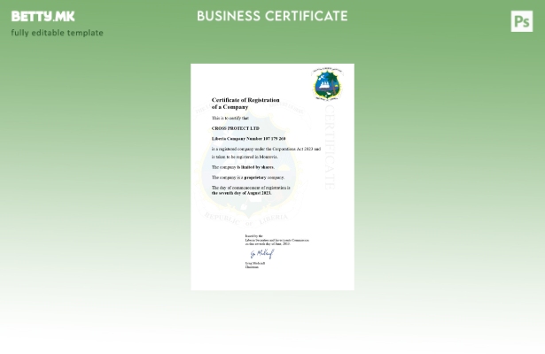 модерен стил Либерија сертификат за регистрација на бизнис Шаблон за Word и PDF