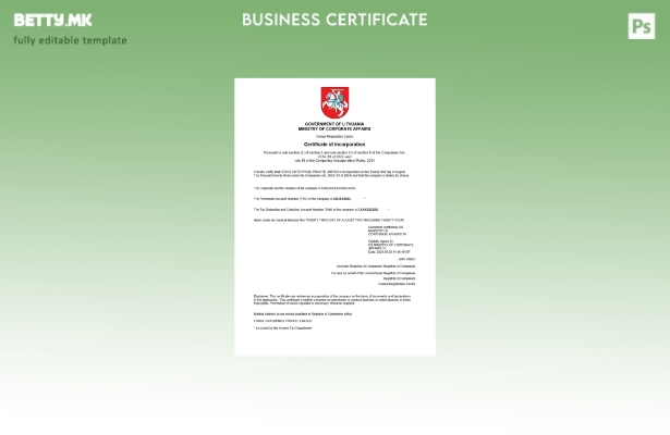 модерен стил Литвански сертификат за регистрација на компанија Шаблон за Word и