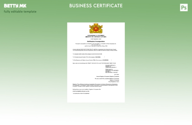 модерен стил Мјанмар сертификат за регистрација на бизнис Шаблон за Word и PDF