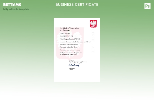 модерен стил Полска сертификат за регистрација на бизнис Шаблон за Word и PDF ша