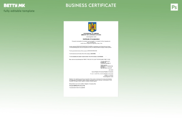 модерен стил Романија сертификат за регистрација на бизнис Шаблон за Word и PDF