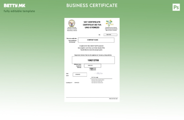 модерен стил Руанда сертификат за ДДВ Шаблон за Word и PDF