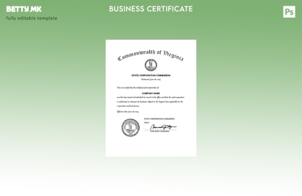 модерен стил САД Вирџинија сертификат за инкорпорација Шаблон за Word и PDF