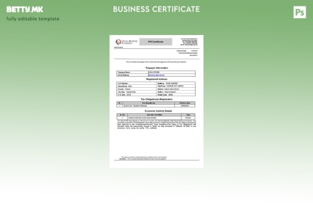 модерен стил Сертификат за даночен обврзник во Кенија Шаблон за Word и PDF