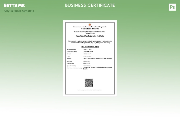 модерен стил Уверение за регистрација на ДДВ во Бангладеш Шаблон Word и PDF, шаб