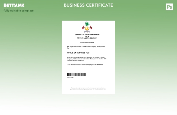 модерен стил Уверение за регистрација на бизнис на Малдивите Шаблон за Word и PD