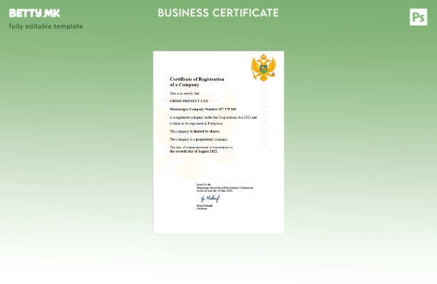 модерен стил Уверение за регистрација на компанија во Црна Гора Шаблон за Word и