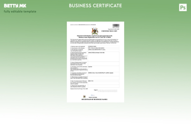 модерен стил Уганда сертификат за регистрација на бизнис име Шаблон Word и PDF 1