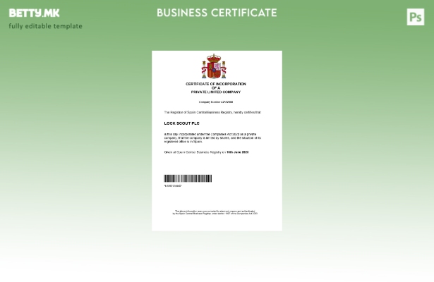 модерен стил Шпанија сертификат за регистрација на бизнис Шаблон за Word и PDF
