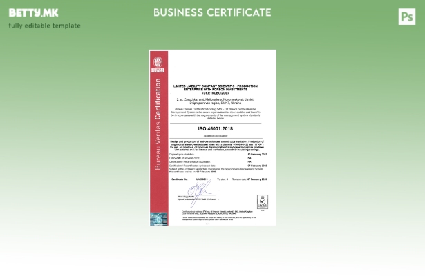 модерен стил UK Bureau Veritas сертификат за регистрација на бизнис Шаблон за Wo