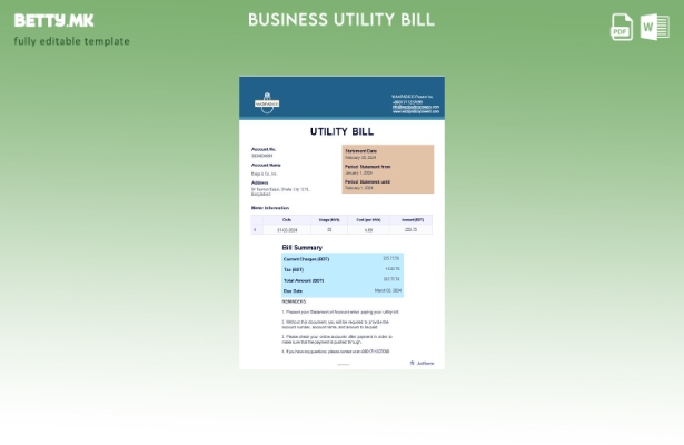 Модерен стил Шаблон за деловна сметка за комунални услуги Бангладеш Wazipadico P