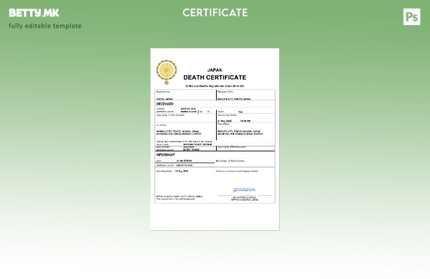 Модерен стил Јапонски шаблон за уверение за смрт Word и PDF шаблон
