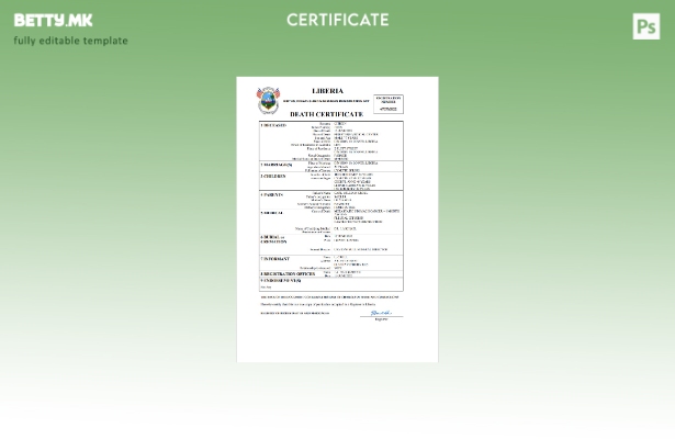 Модерен стил Либерија Уверение за смрт Шаблон Word и PDF шаблон