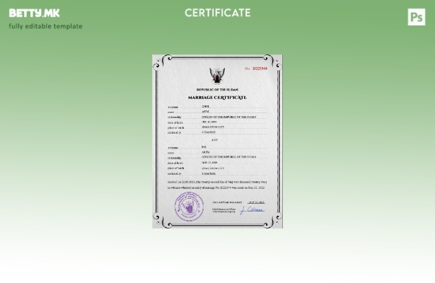 Модерен стил Судански шаблон за ПСД шаблон за потврда за брак