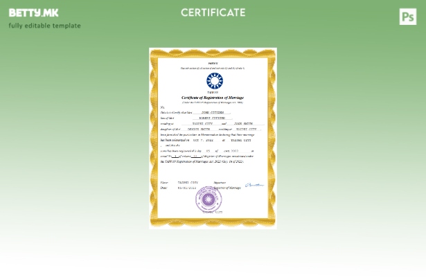 Модерен стил Тајвански сертификат за брак Шаблон за Word и PDF