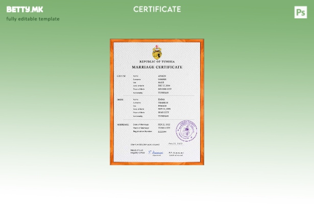 Модерен стил Тунис шаблон за PSD шаблон за потврда за брак