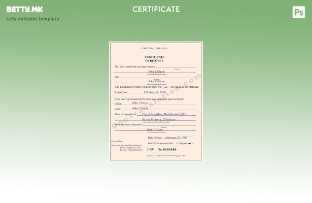 Модерен стил Узбекистан Шаблон за потврда за развод во канцеларијата на витална