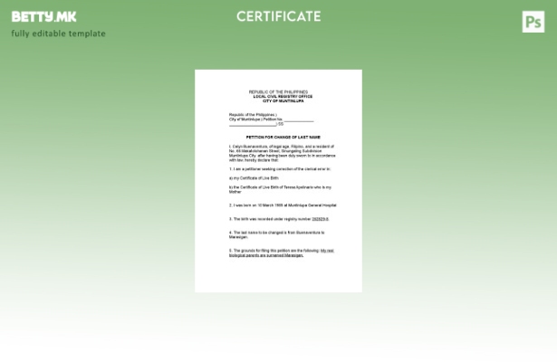 Модерен стил Филипини Шаблон за потврда за промена на името на локалната канцела