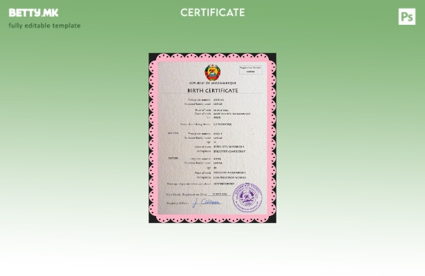 Модерен стил Шаблон за ПСД извод од матична книга на родените во Мозамбик