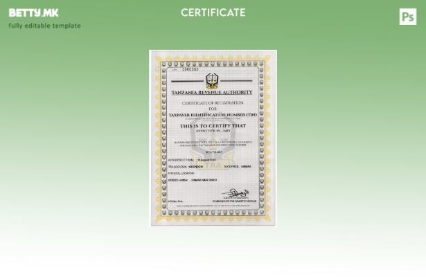 Модерен стил Шаблон за уверение за регистрација на ТАНЗАНСКИ идентификациски бро
