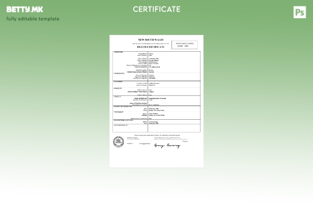 Модерен стил Шаблон за уверение за смрт во Австралија Нов Јужен Велс во шаблон W