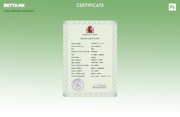 Модерен стил Шаблон за шаблон за ПСД од потврда за смрт на Шпанија