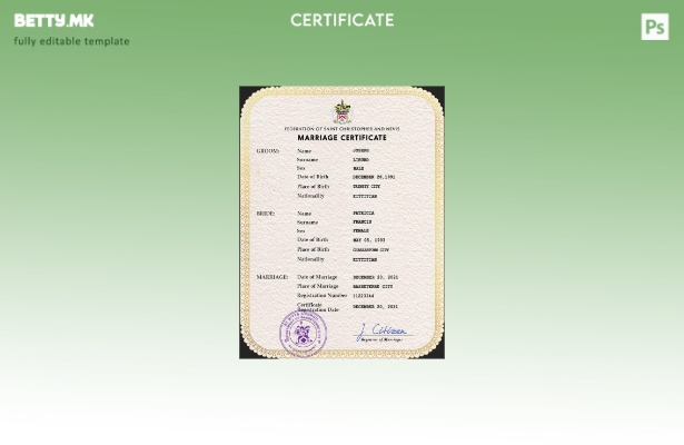 Модерен стил Шаблон за шаблон PSD од потврда за брак од Свети Китс и Невис